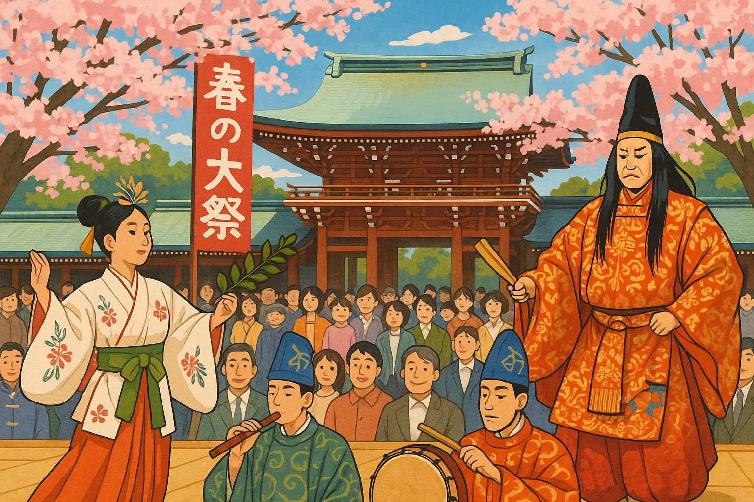 editorial illustration of Meiji Shrine during the Spring Grand Festival, traditional performances, festive atmosphere
