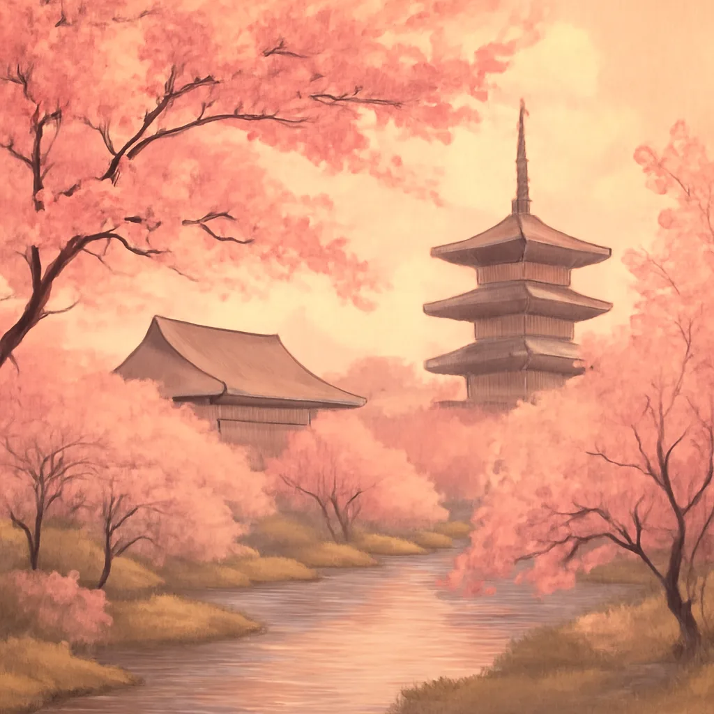editorial illustration of a scenic view of Japan's cherry blossom season, with traditional architecture in the backgroun