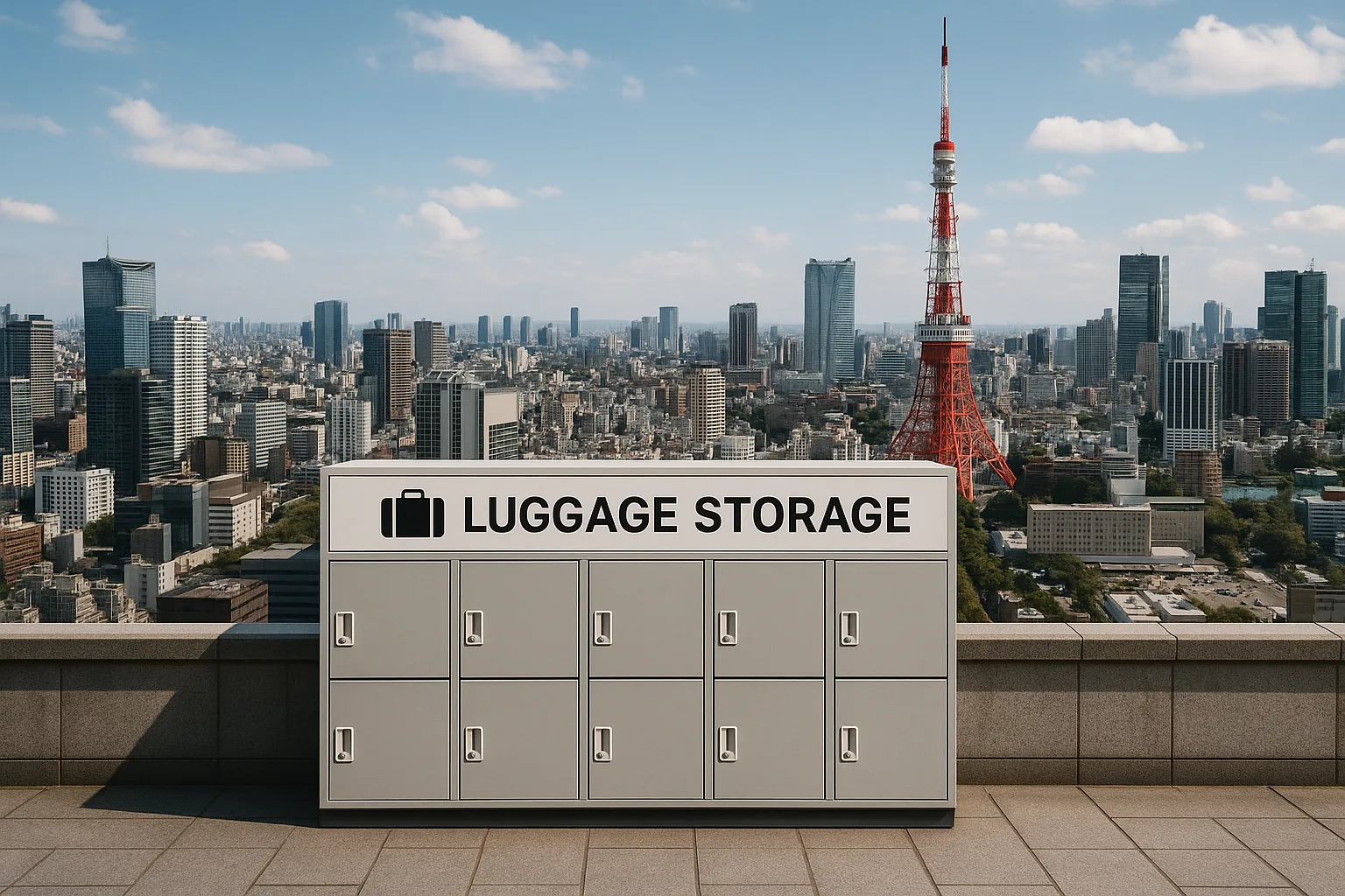 photorealistic view of Tokyo city with luggage storage lockers in foreground