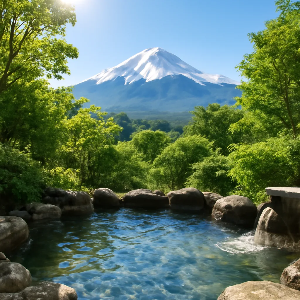 scenic view of Mount Fuji from an outdoor onsen, with lush greenery surrounding the area, bright sunlight