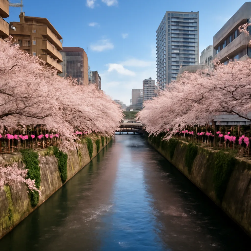 picturesque view of cherry blossoms along the Nakameguro river in Tokyo during spring