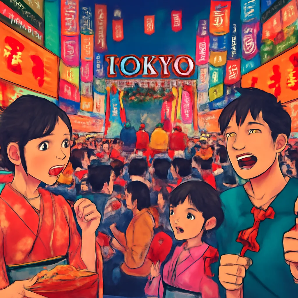 vibrant street festival in Tokyo with people enjoying food and performances